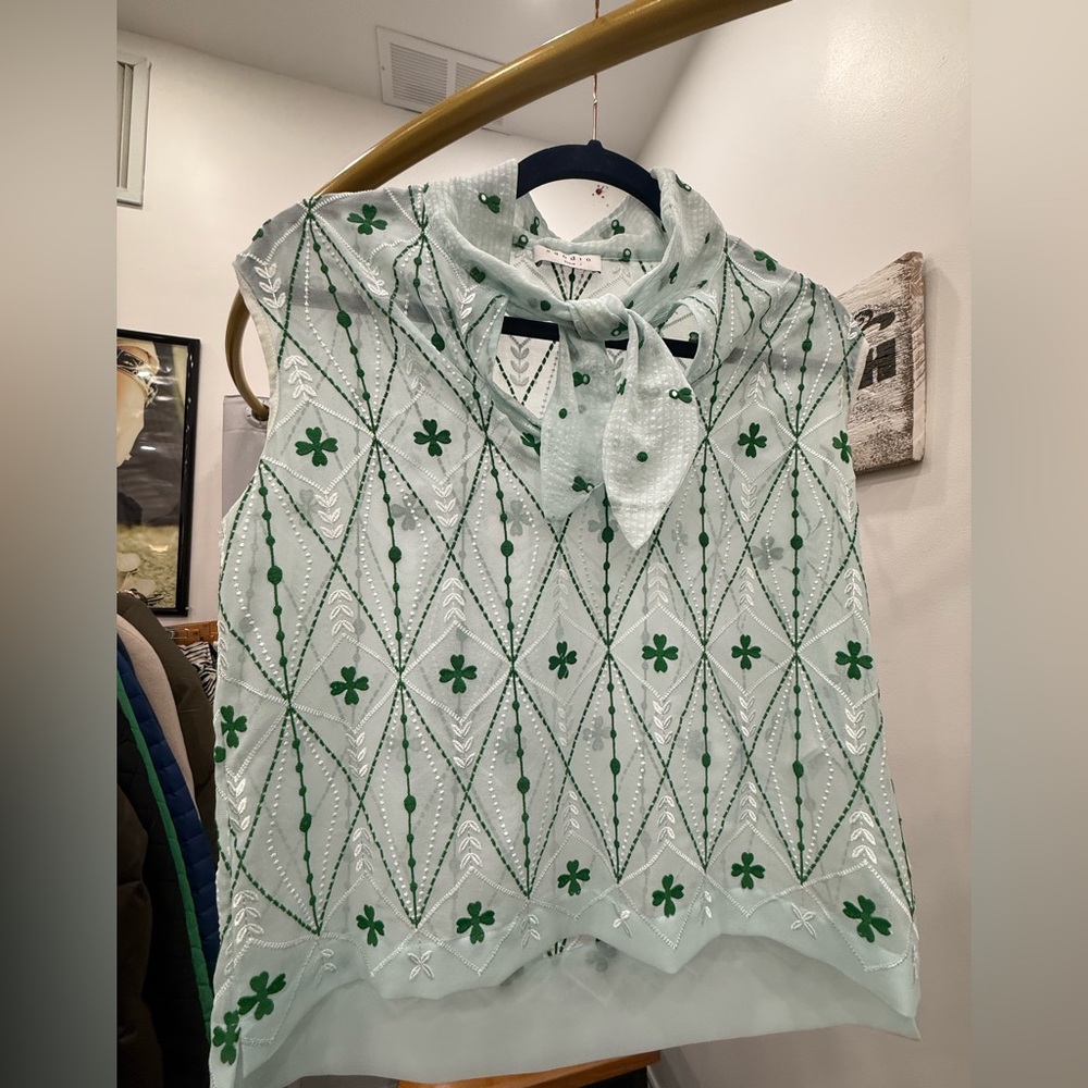 Sandro Paris Clover Leaf Green and White Patterned Sleeveless Embroidered Top